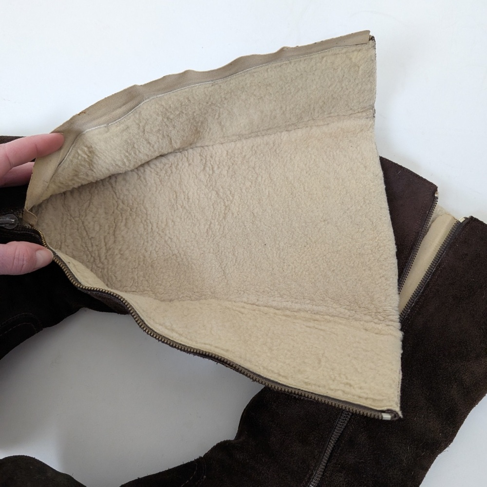 70’s Shearling Suede Boots Calf Height Fitted Vintage Chunky Lined Insulated - Picture 4 of 11